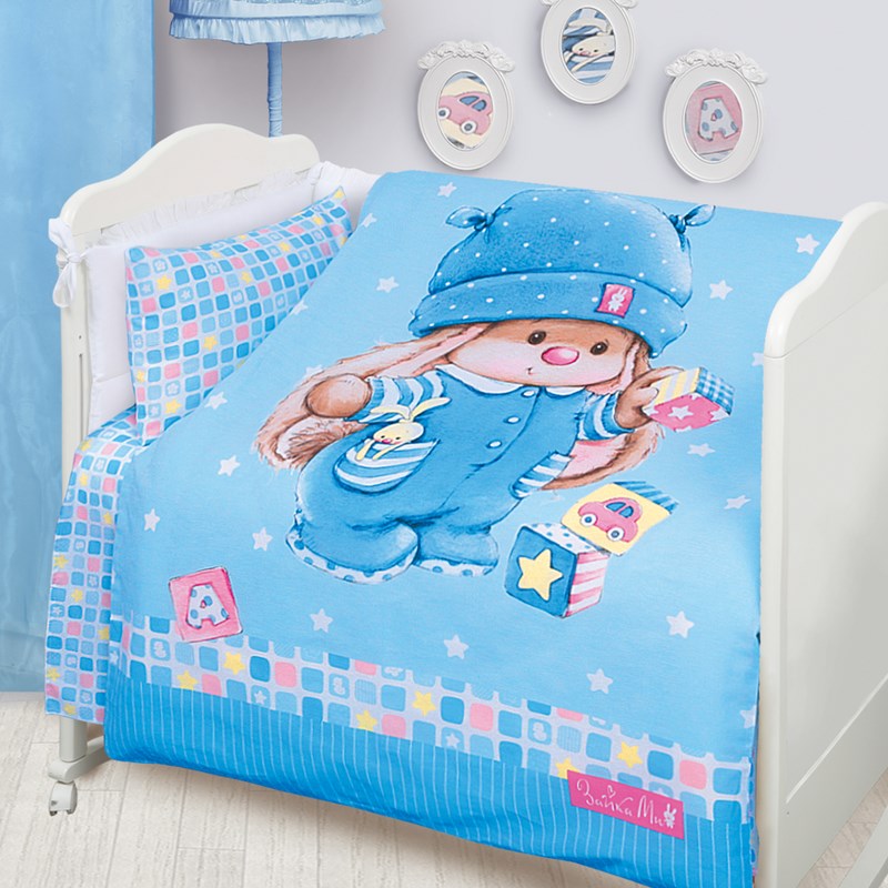 Детское постельное белье Мона Лиза в кроватку ZAIKA MI Зайка с кубиками голубая гамма арт. 521821